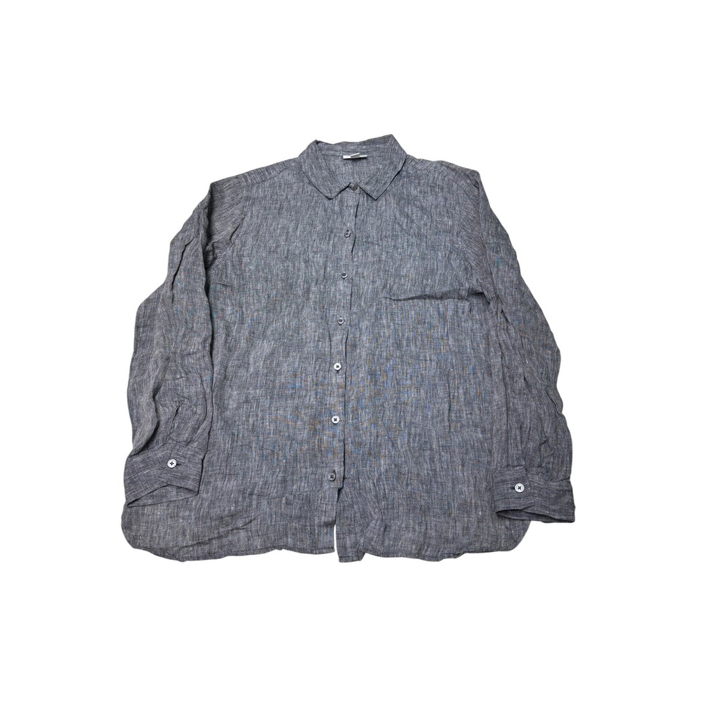 J.Jill Love Linen Shirt Gray Heather Button Down Long Sleeve Women Petite M 100%